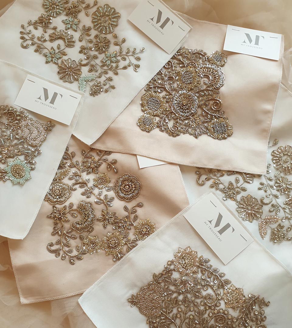 Bespoke bridal embroidery swatches for Indian wedding lehengas